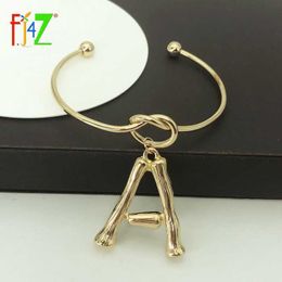 F.j4z Hot Women Letter Bracelets Fashion Gold Silver Colour Alloy Bamboo Initial Charm Bracelets Copper Adjustable Bangles Woman Q0719