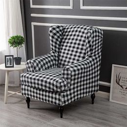 Plaid Dustproof Sloping Arm King Back Chair Cover Elastic Armchair Wingback Wing Sofa Dining Stretch Protector 211116