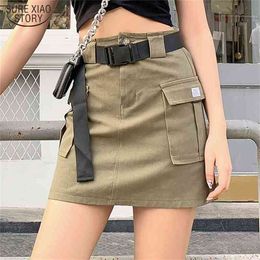 High Waist Mini Pockets Skirt Korean Women's Belted Cargo Solid Ladies Summer Female Short Outfits 9581 210506