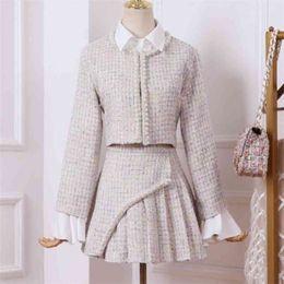 Autumn Korean Sweet Tweed Two Piece Set Women Woolen Short Jacket Coat + Beading Pleated Skirt Female Outfits 210514