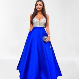 Dark Navy Women's Plus Size Beaded Evening Dress Party V-Neck Sleeveless A Line Long Prom Gowns