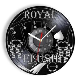 -Wanduhren Royal Flush Poker Karten Chips LP Rekorduhr für Casino Playroom Texas Holdem Gamblers Home Decor Watch