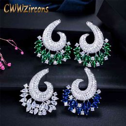 Luxury Green Blue Cubic Zirconia Big Flower Brand Stud Earrings for Women Wedding Fashion Costume Jewelry Gift CZ442 210714