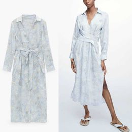 Summer Knotted Shirt Dress Za Women Long Sleeve Print Elegant Midi Dresses Woman Fashion Side Vents Sky Blue Party Dress 210602
