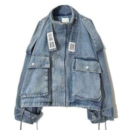 PERHAPS U Women Short Cropped Blue Jacket Zipper Long Sleeves Denim Jackets Stand Collar C0076 210529