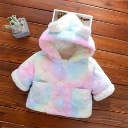 Winter Baby Toddler Colourful Tie-dye Pocket Fluff Hooded Coat for Girl Clothing 210528