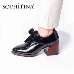 SOPHITINA Leisure Women's Pumps Women Office Handmade Lace Up Round Head Square Heels Shoes Comfortable Mature Pumps BY242 210513