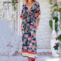 2020 BOHO Orange Flower Print Flare Sleeve Side Split DrDeep V neck Women Adjust Waist Dstring Maxi Long Dresses Vestidos X0621