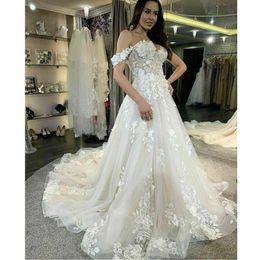 Graceful A Line Wedding Dresses Lace Appliques Flowers Off Shoulder Bridal Gowns