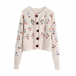 Vintage Woman Beige Oversized Embroidery Knitted Cardigan Autumn Sweet Ladies Soft Sweaters Female Fashion Loose Knitwear 210515