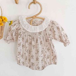 Spring Autumn born Girls Lotus Leaf Collar Floral Jumpsuits Clothes Baby Knit Rompers Knitted Long Sleeve Children 210429