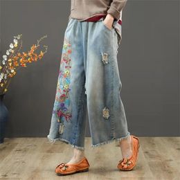Arrival Spring Arts Style Women Loose Casual Elastic Waist Wide Leg Pants All-matched Cotton Denim Embroidery Jeans W20 210512