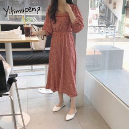 Yitimuceng Floral Print Dresses for Women Summer Vintage Button Boho Maxi Dress Elastic Waist Puff Sleeve Korean Fashion 210601