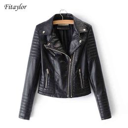 Fitaylor Women Motorcycle Faux Leather Jackets Ladies Streetwear Black Coat Long Sleeve Autumn Biker Zippers Outwear 211118