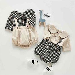Infant Baby Boys Girls Long Sleeve Cute Grid Shirt + Braces Rompers Clothing Sets Spring Autumn Kids Girl Suit Clothes 210521