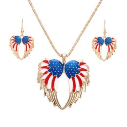Lureme Retro American Flag Pattern Wing Necklace Pendant Dangle Earrings Jewellery Set for Women Girls (js000696) X0709 X0710
