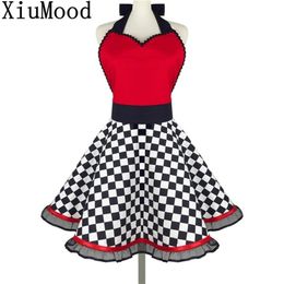 XiuMood Apron Home Cleaning Kitchen el Restaurant Waiter Maid Cotton Black And White Plaid Chiffon Lace Aprons For Wom n 210625