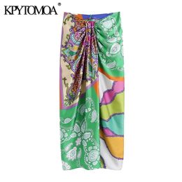 KPYTOMOA Women Chic Fashion With Knot Printed Front Vents Midi Skirt Vintage High Waist Back Zipper Female Skirts Mujer 210621