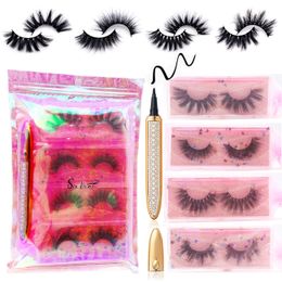 3D Faux Mink Eyelash Magic Eyeliner Glue Pen Kit 4 Pack Soft Natural Lashes Extension Reusable False Eyelashes with Liquid Waterproof Self-adhesive Eyeliners Pens