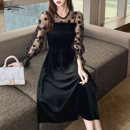 Korean Mesh Velvet Sexy Dress Women Autumn Winter Midi Black Embroidery Vinatge Zipper Ladies es Vestidos 12557 210521