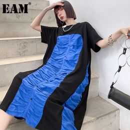 [EAM] Women Blue Big Size Spliced Pleated Dress Round Neck Short Sleeve Loose Fit Fashion Spring Summer 1DD7410 21512