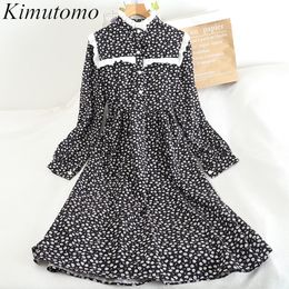 Kimutomo Vintage Floral Print Dress Women French Style Korean Style Spring Autumn Female Stand Collar Long Sleeve Vestido 210521