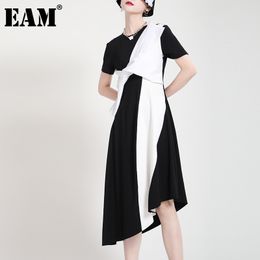 [EAM] Women Black Asymmetrical Spliced Sashes Dress Round Neck Short Sleeve Loose Fashion Spring Summer 1DD7507 21512