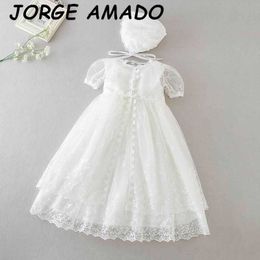 Baby Girls Dress Ball Gown for Baptism Christening 1st Birthday Tulle Party Dresses with Lace Cloak+cap 3pcs Suit 9903BB 210610