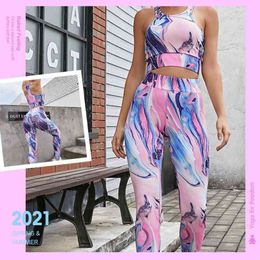 Print Seamless Women Yoga Set Workout Sportswear Gym Clothing Fitness Bra Crop Top High Waist Leggings Sports Pink Suit 210802