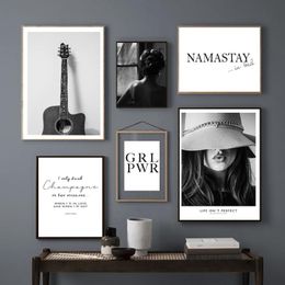 paintings guitars wall UK - Paintings Nordic Wall Art Poster Print Guitar Fashion Girl Portrait Canvas Decorative Painting Black White Pictures For Living Room