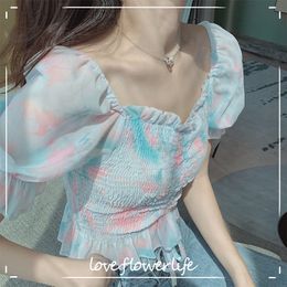 Summer Sweet Lace Floral Shirts Females Puff Sleeve Elegant Blouses and Tops Women Chiffon Korea Style Office Lady Crop Top 210521