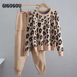 GIGOGOU Leopard Knitted Women Sweater Costume Autumn Winter Pullovers 2 Peice Set Tracksuits Two Piece Korean Sports suits 211105