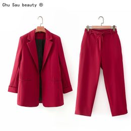 Fashion Red Blazer Suits Office Ladies Two-piece Sets Long Sleeve Pants For Woman Completo Donna 210514