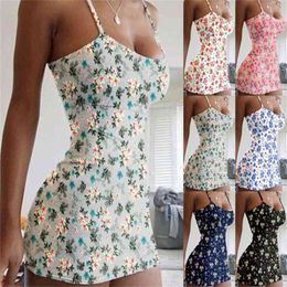 Sexy Spaghetti Strap Mini Dress Women Summer Sleeveless Backless Floral Print Package Hip Night Club Party Vestido Plus Size 5XL 210522
