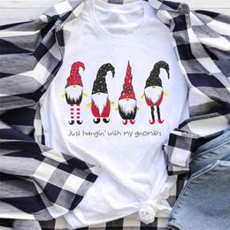 Plus Size Women Christmas T-shirt JUST HANGIN' WITH MY GNOMIES Letter Cartoon Print Casual Short Sleeve Round Collar Female 210517