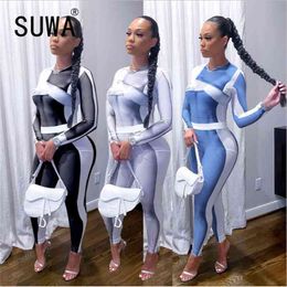 Sexy Fitness Wear 2 Piece Outfits For Women Matching Sets Long Sleeve Slim-Fit Top Tunic High Waist Pants Sweatpants Wholesale 210525