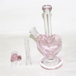 9 inch Pink Colour Heart Shape Glass Bong Hookah Shisha Dab Rigs Smoking Water Pipes with 14mm Dry Herb Bowls