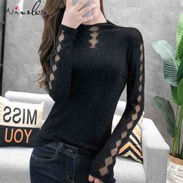 Pure Mesh Rhinestone T Shirts Women Casual Fashion Elegant Slim Fit Top Tees Spring/Autumn Long Sleeve Turtleneck Tshirt T07706B 210324