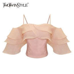 Pink Elegant Patchwork Ruffle Shirts For Women Square Collar Sleeveless Short Slim Blouses Female Summer Style 210524