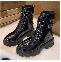 Fashion Martin Boots Women Shoes Patent Leather Round Toe Back Zipper Platform Boots Woman Buckle Belt Motorcycle Short Boots Y1018
