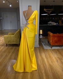 Yellow Evening Dresses with Crystal V Neck Long Sleeve Mermaid Prom Dress Party Wear Real Photo Robes De Soirée Custom Made