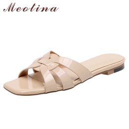 Meotina Women Slippers Shoes Pleated Leather Sandals Flat Slides Square Toe Lady Footwear Summer Black White Size 33-43 Fashion 210608
