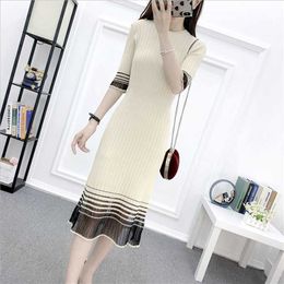 Arrival Mesh Patchwork Hit color Striped Knitted Dress Graceful O-Neck Slim Bodycon Midi 210529