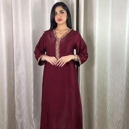 Ethnic Clothing Burgundy Women Muslim Abayas Long Sleeve Maxi Dress Dubai Turkish Kaftan Robe Sexy V-neck Moroccan Boubou Rhinestone Djellab