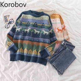 Korobov Japanese Style O Neck Long Sleeve Women Knitted Sweaters New Chic Cartoon Hit Colour Patchwork Sueter Mujer Pullover 210430