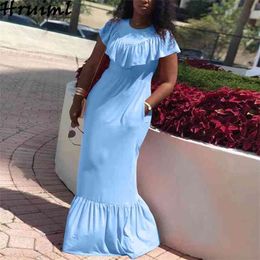 Casual Women's Dresses Solid Color High Waist Ruffled Fashion Chic Plus Size Short Sleeve Long Dress Summer Ladies Elegant Party 210513