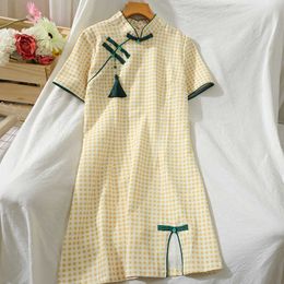 WERUERUYU Women Cheongsam Dress Short Sleeve Plaid Summer Style Qipao Cotton And Linen Women Dress 210608