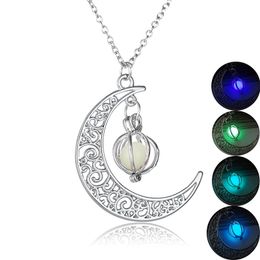 Moon Glowing Pendant Necklace Gem Charm Jewelry Silver Plated Women Hollow Luminous Stone Necklaces Gifts