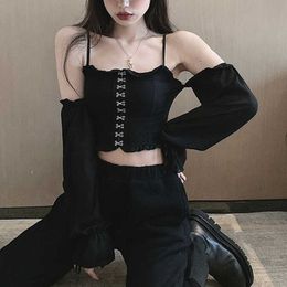Sexy Women's Shirt Tops Street Style Backless Long Sleeve Blouse Women Slash Neck Solid Casual Blouses Gothic Clothes 13316 210527