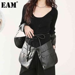 [EAM] Black PU Leather Knitting Sweater Loose Round Neck Long Sleeve Women Pullovers Fashion Autumn Winter 1DD242401 21512
